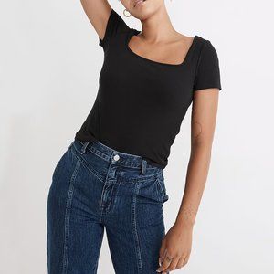 MADEWELL TRUE BLACK SHORT SLEEVE RIBBED SQUARE-NECK CROP TEE TOP